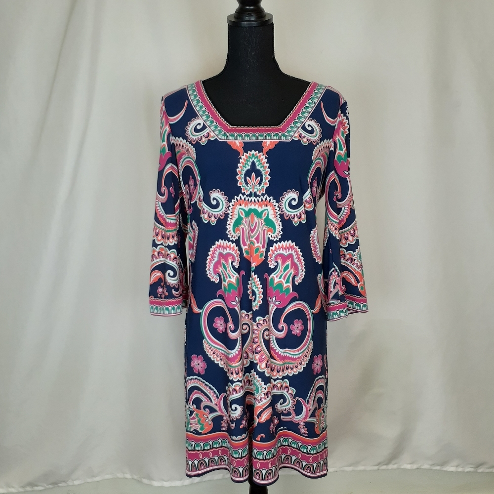Laundry by Shelli Segal Shift Dress Midi Navy Blue Art To Wear Colorful Artsy